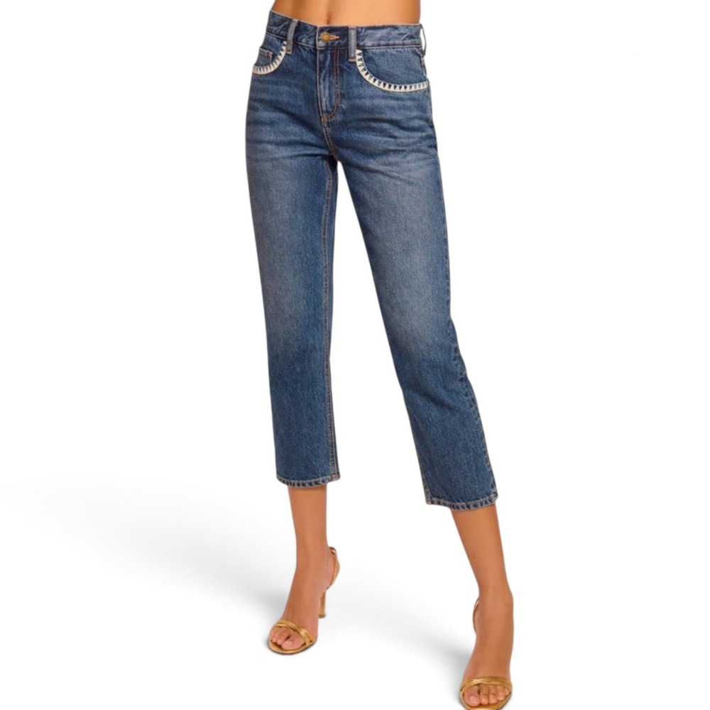 Ramy Brook Joy Straight Leg Jeans Women 27 Blue Crochet Whipstitch High Rise NEW